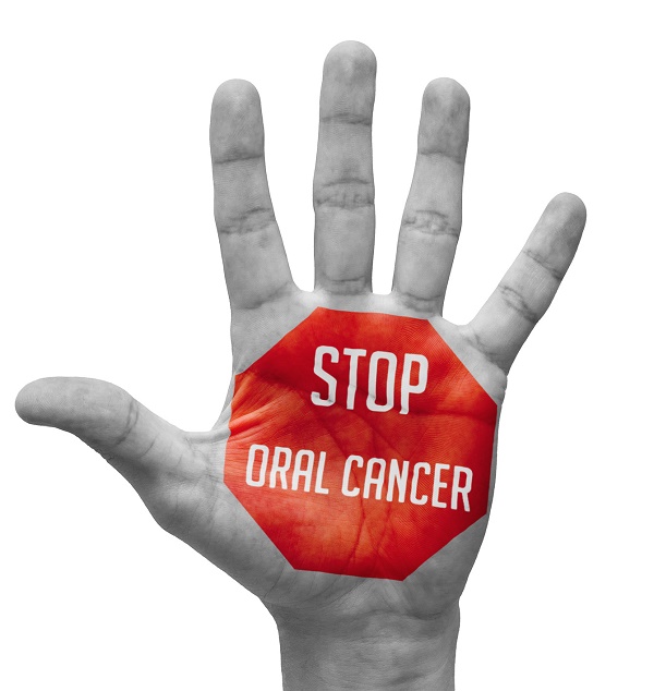 Stop Oral Cancer  Sign Painted - Open Hand Raised, Isolated on White Background.