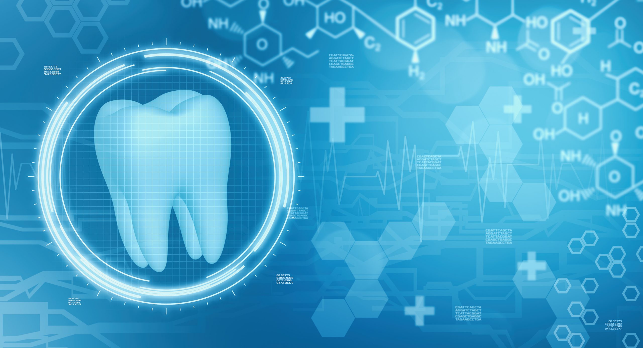 dentistry background image with futuristic interface and medical symbols, some space at the right for custom text or logo