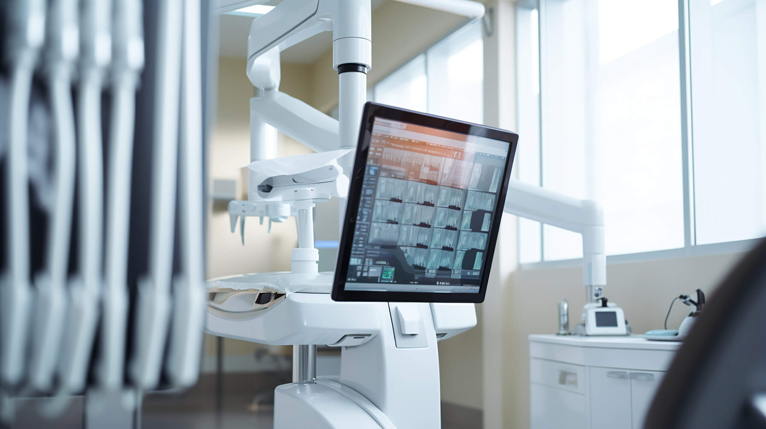 A dental X-ray machine being used for dental examinations